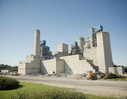 Concrete factory with silos and machinery against a clear blue sky.