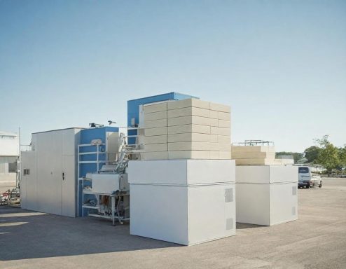 Industrial equipment with large white and blue structures set in a spacious outdoor area.