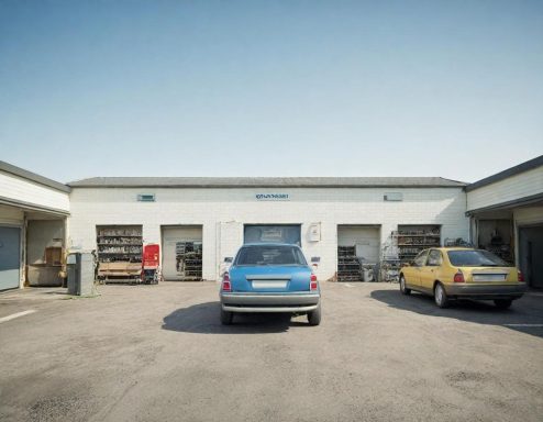 Two cars parked outside a single-storey garage building with multiple doors.