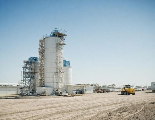 Industrial site with silos and heavy machinery on a sandy area under a clear blue sky.