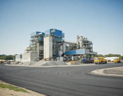 Industrial facility with large machinery, storage, and vehicles on a construction site.